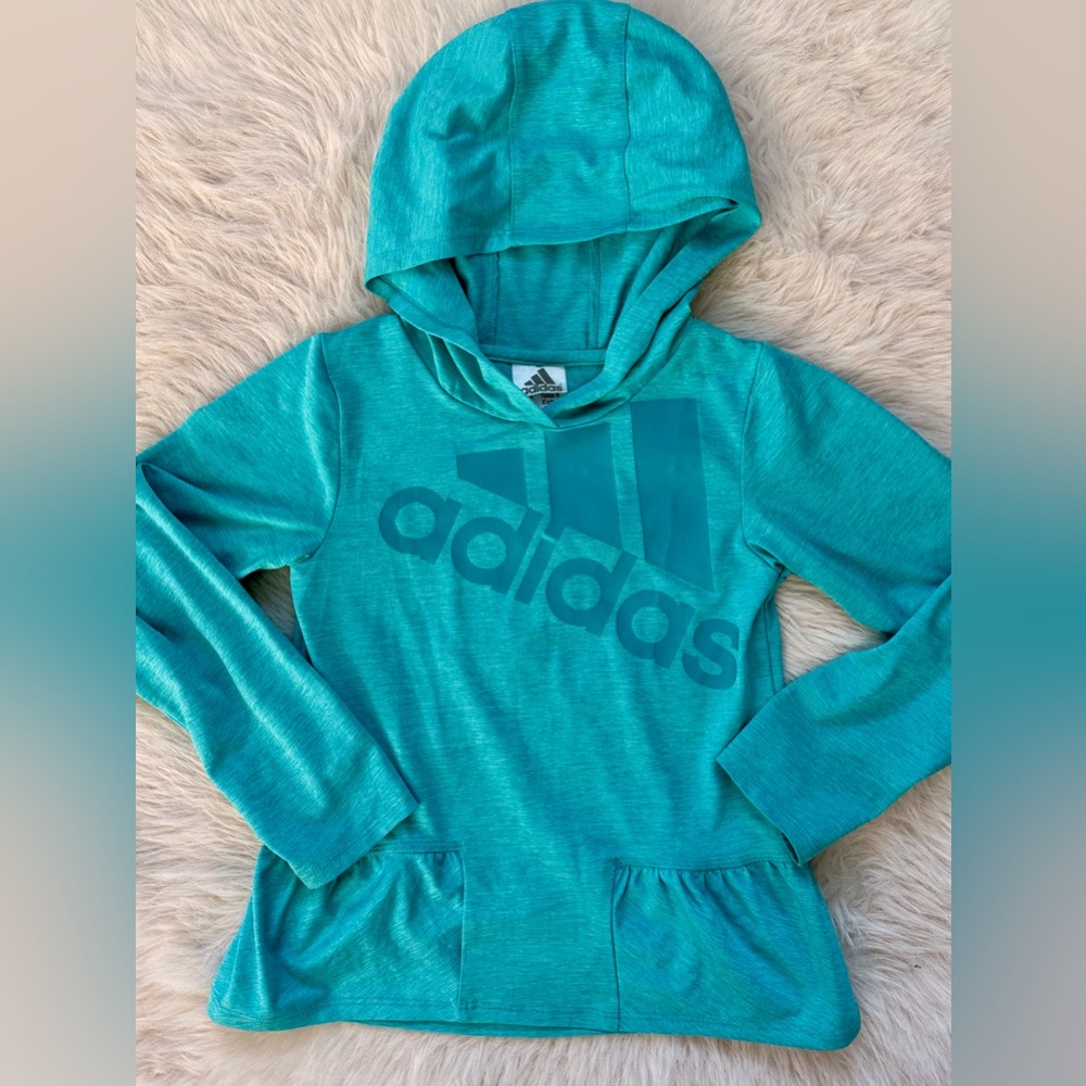 Adidas - Blue Turquoise Peplum Ruffle Hem Performance Hoodie Shirt Girls Size 6